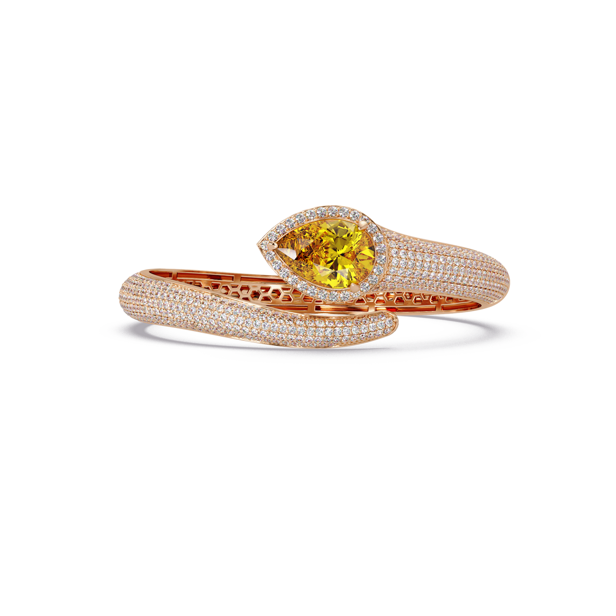 Lunéa Paris pear gemstone pavé open cuff bracelet in rose gold, citrine yellow stone