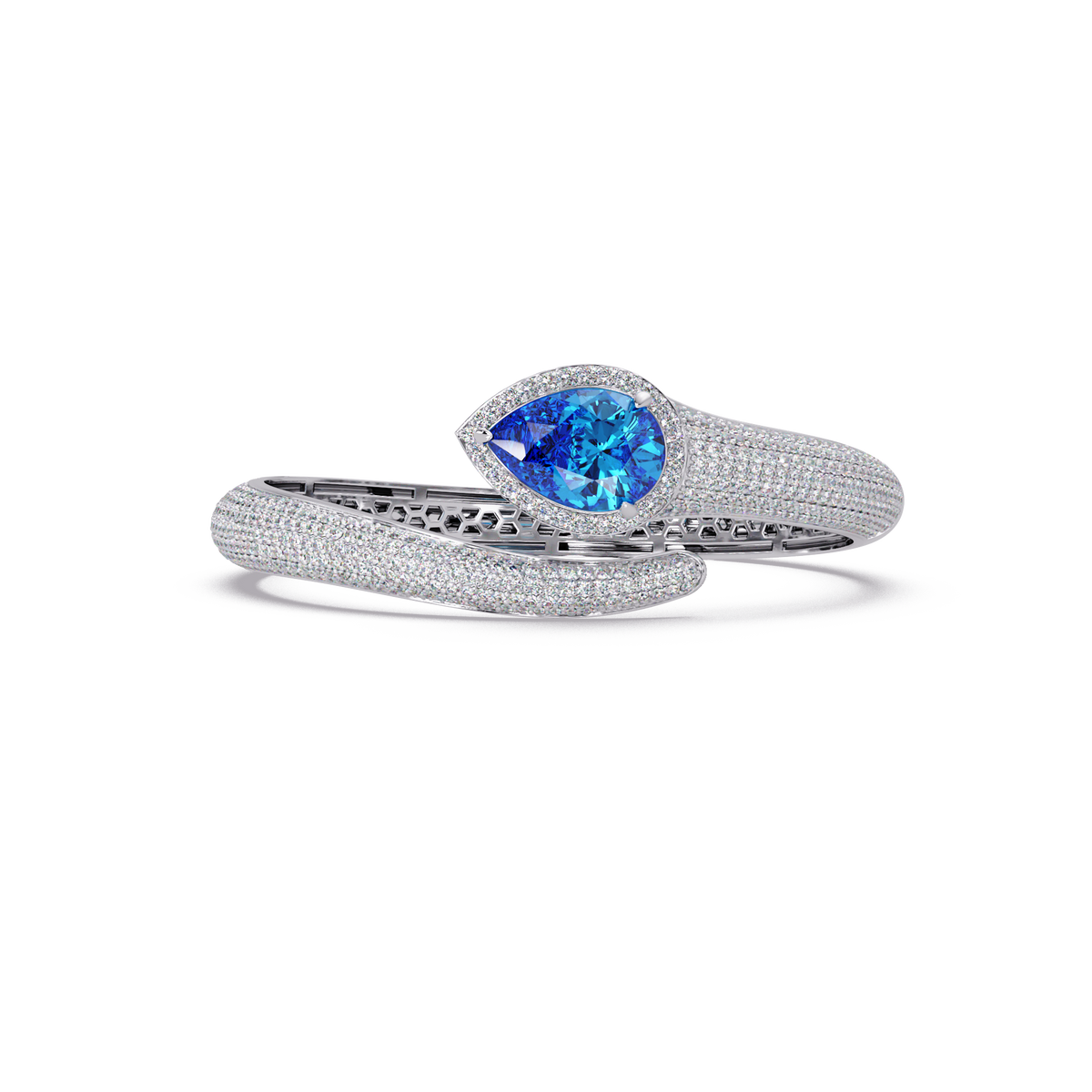 Lunéa Paris pear gemstone pavé open cuff bracelet in white gold, aquamarine blue stone