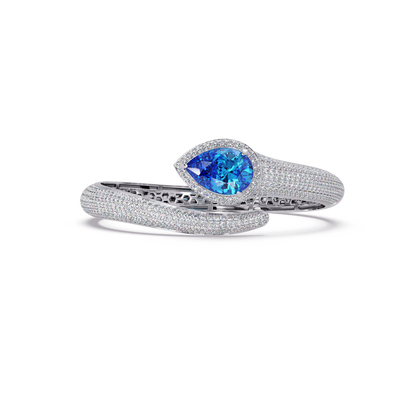 Lunéa Paris pear gemstone pavé open cuff bracelet in white gold, aquamarine blue stone