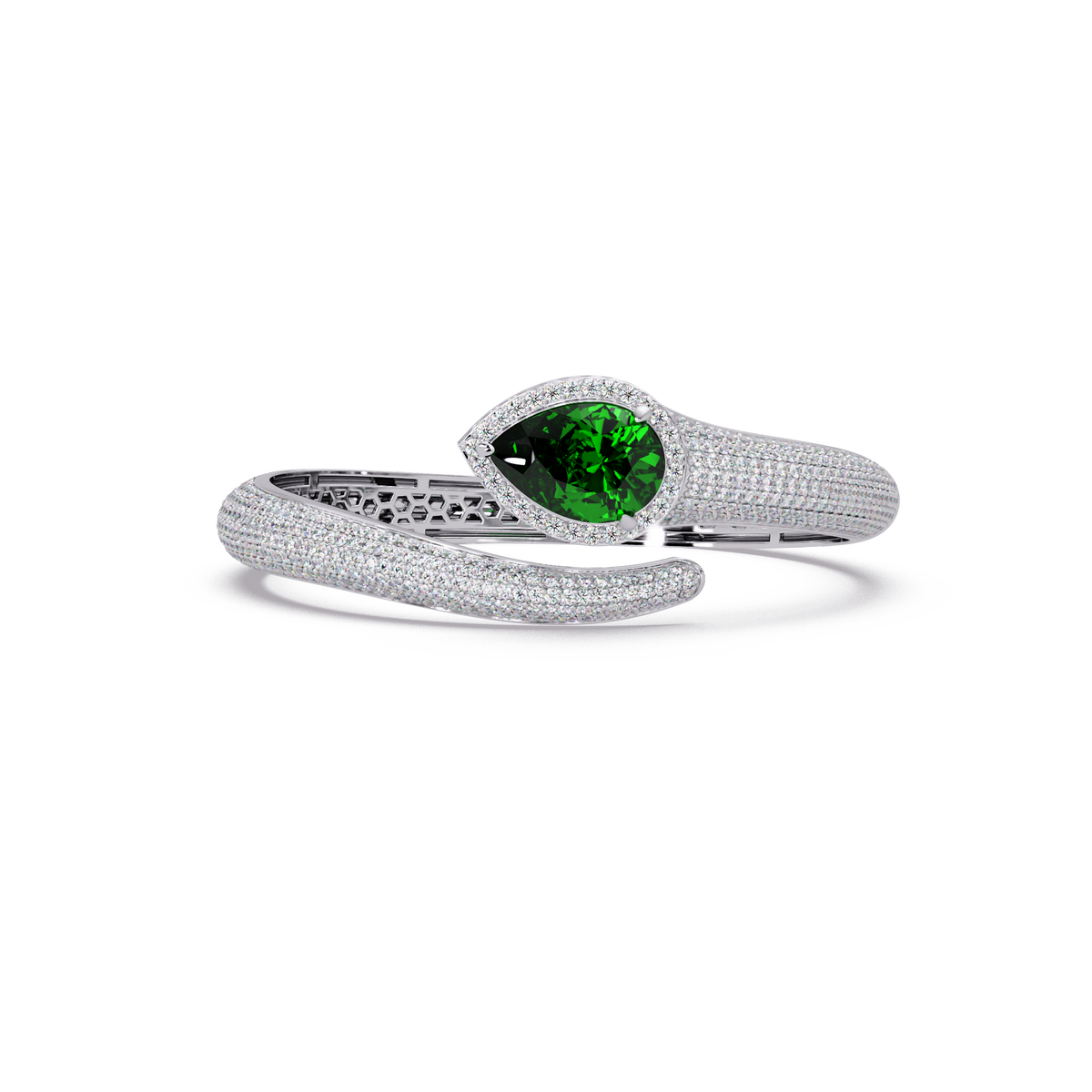 Lunéa Paris pear gemstone pavé open cuff bracelet in white gold, emerald green stone