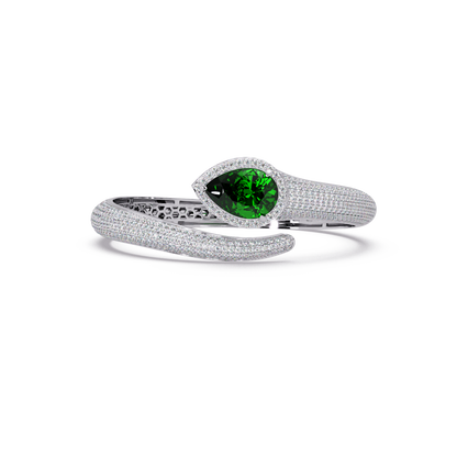 Lunéa Paris pear gemstone pavé open cuff bracelet in white gold, emerald green stone