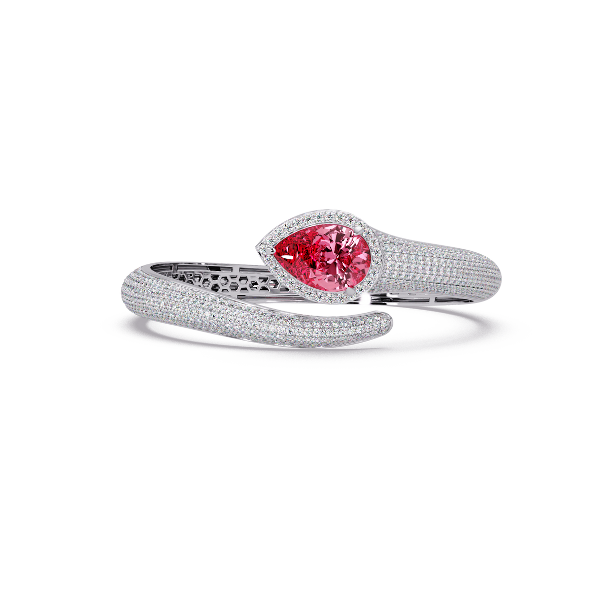 Lunéa Paris pear gemstone pavé open cuff bracelet in white gold, tourmaline pink stone