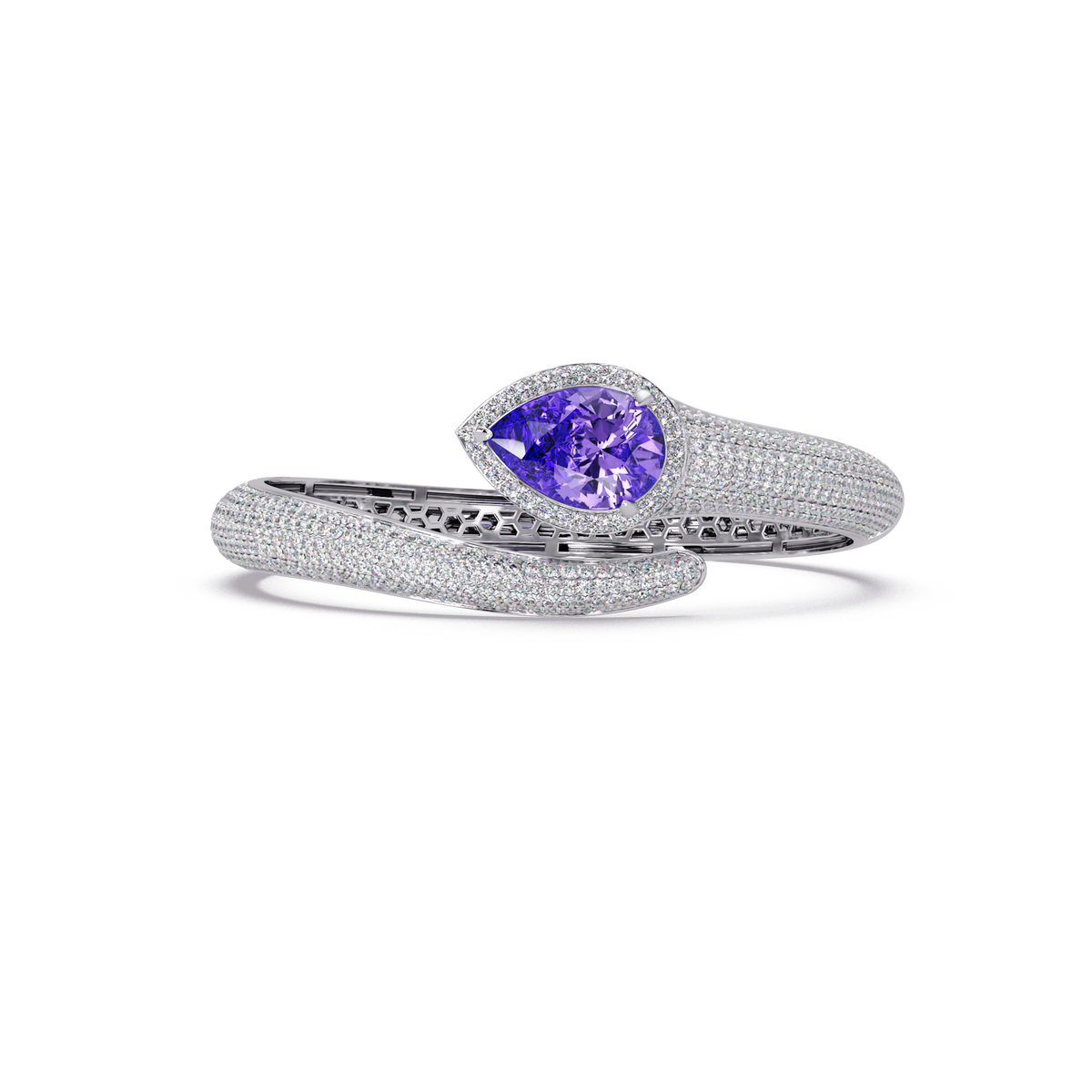 Lunéa Paris pear gemstone pavé open cuff bracelet in white gold, amethyst purple stone