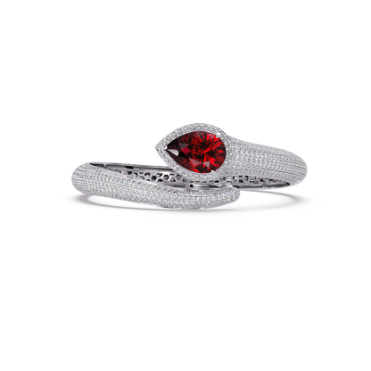 Lunéa Paris pear gemstone pavé open cuff bracelet in white gold, ruby red stone