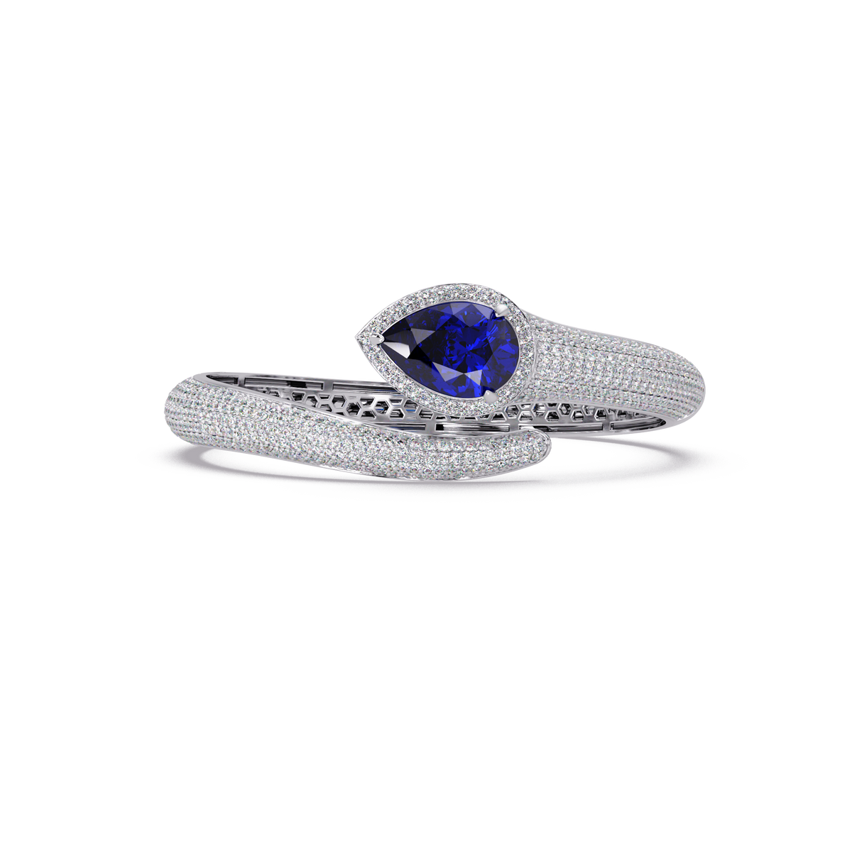 Lunéa Paris pear gemstone pavé open cuff bracelet in white gold, sapphire blue stone