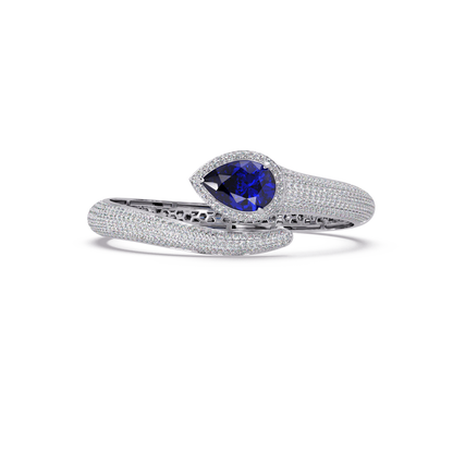 Lunéa Paris pear gemstone pavé open cuff bracelet in white gold, sapphire blue stone