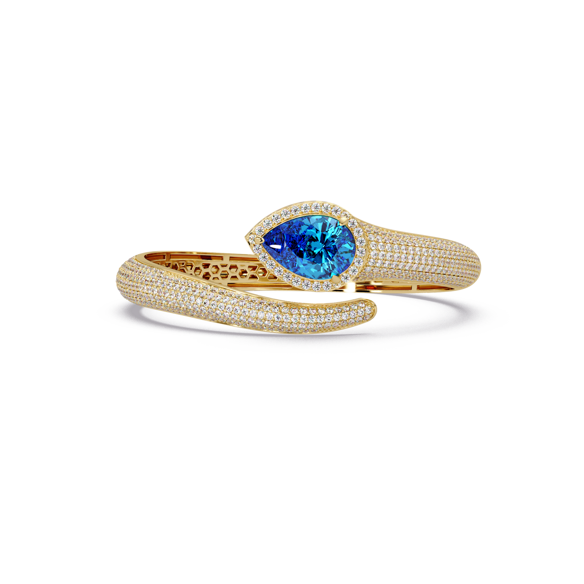 Lunéa Paris pear gemstone pavé open cuff bracelet in yellow gold, aquamarine blue stone