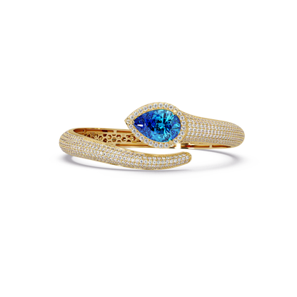 Lunéa Paris pear gemstone pavé open cuff bracelet in yellow gold, aquamarine blue stone