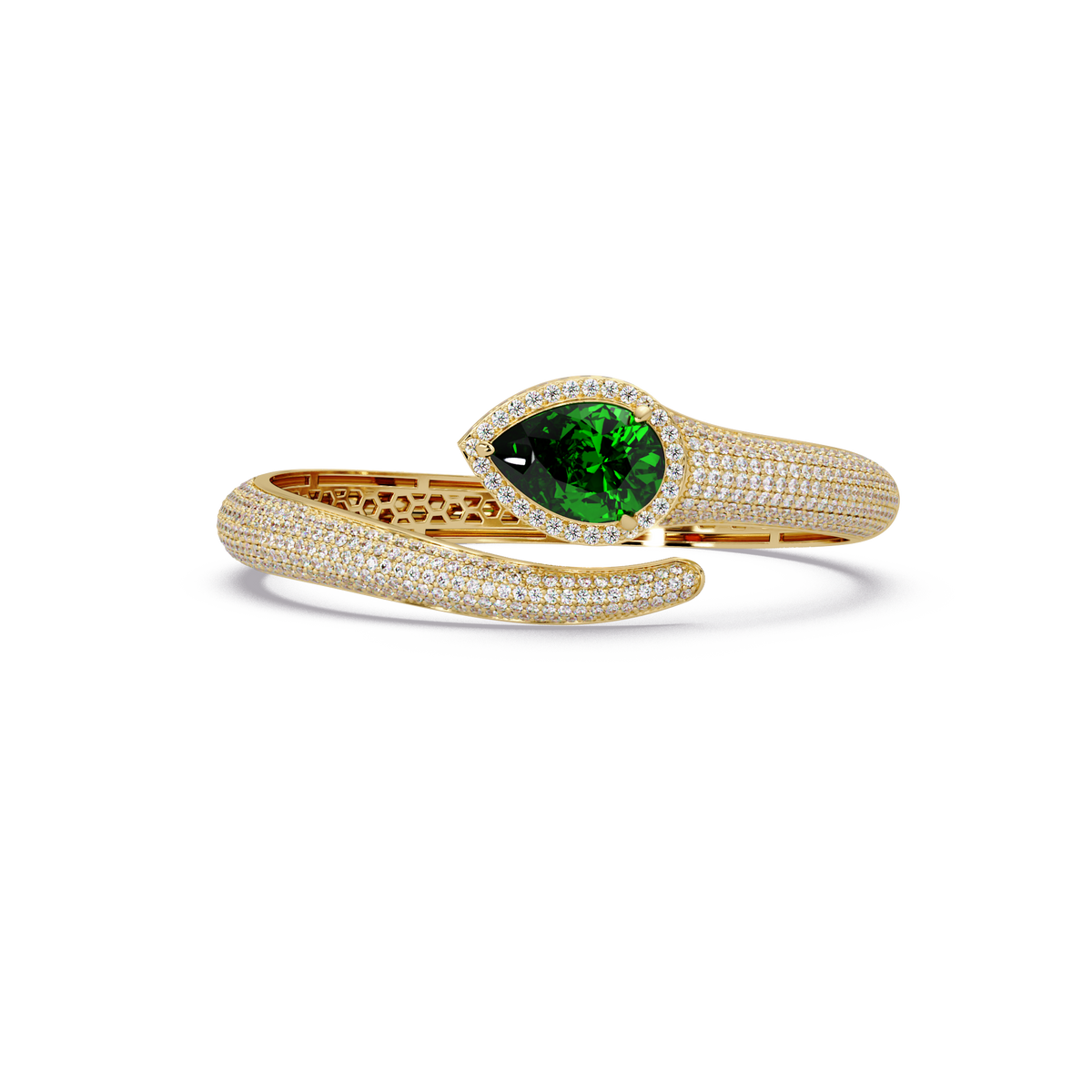 Lunéa Paris pear gemstone pavé open cuff bracelet in yellow gold, emerald green stone