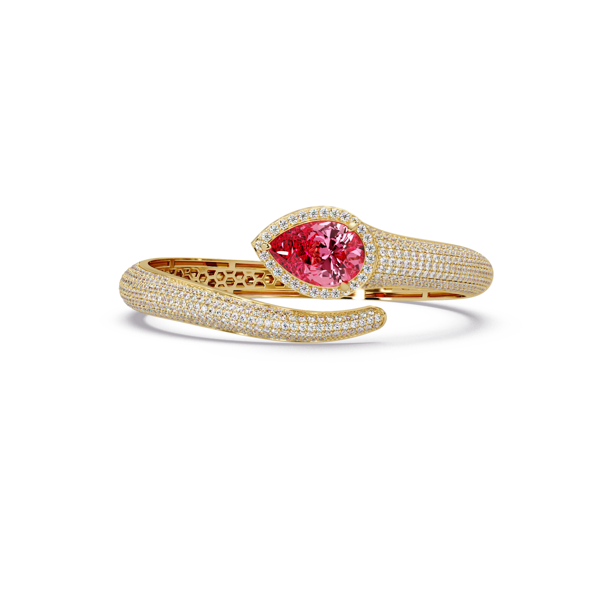 Lunéa Paris pear gemstone pavé open cuff bracelet in yellow gold, tourmaline pink stone