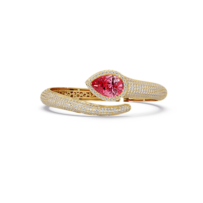 Lunéa Paris pear gemstone pavé open cuff bracelet in yellow gold, tourmaline pink stone