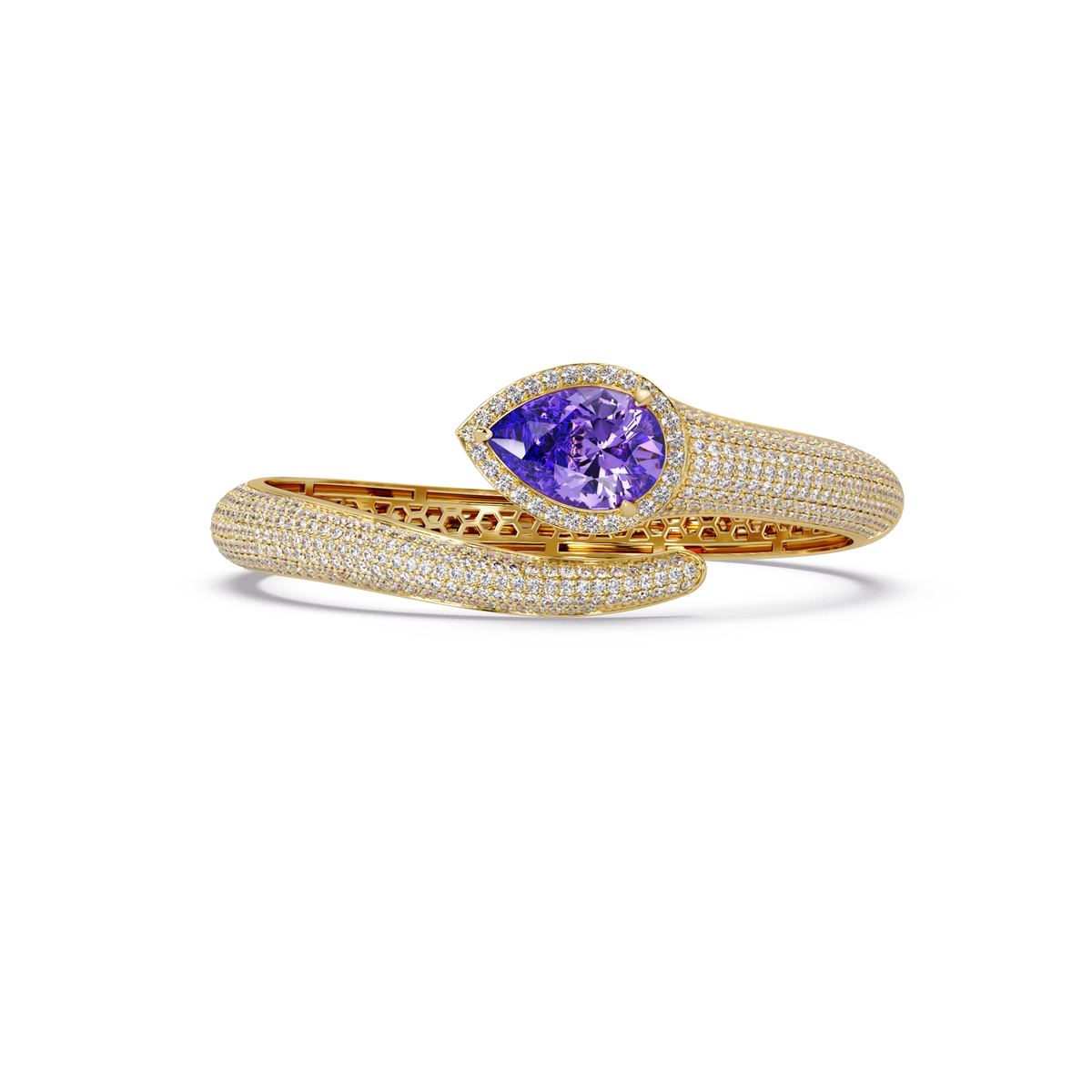 Lunéa Paris pear gemstone pavé open cuff bracelet in yellow gold, amethyst purple stone