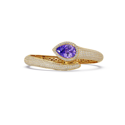 Lunéa Paris pear gemstone pavé open cuff bracelet in yellow gold, amethyst purple stone