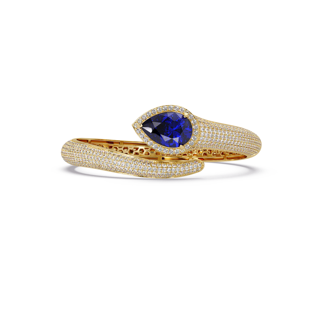 Lunéa Paris pear gemstone pavé open cuff bracelet in yellow gold, sapphire blue stone