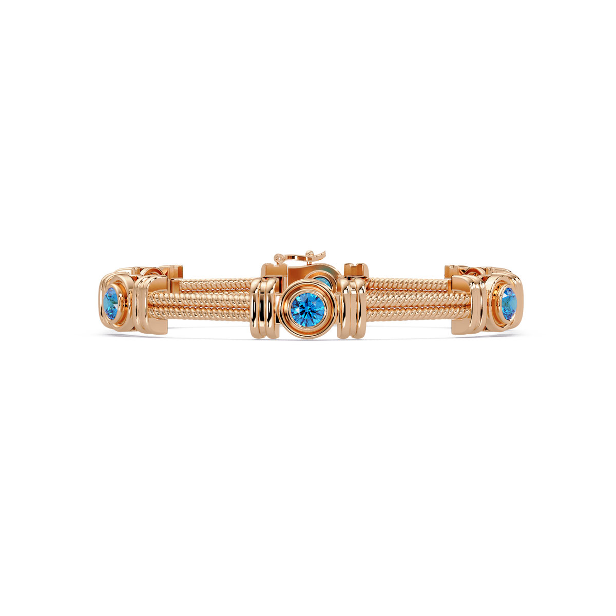 Six-stone round colorstone rope-link station bracelet in rose gold with aquamarine gemstones