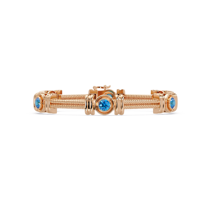 Six-stone round colorstone rope-link station bracelet in rose gold with aquamarine gemstones