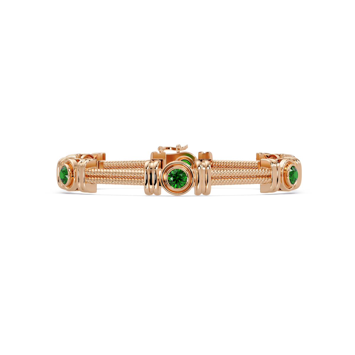 Six-stone round colorstone rope-link station bracelet in rose gold with green gemstones