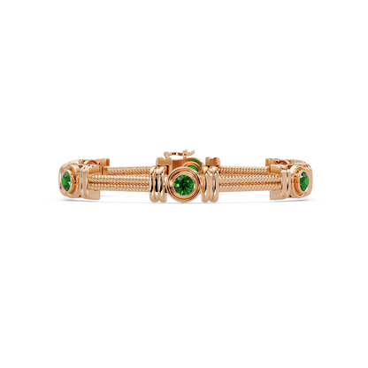 Six-stone round colorstone rope-link station bracelet in rose gold with green gemstones