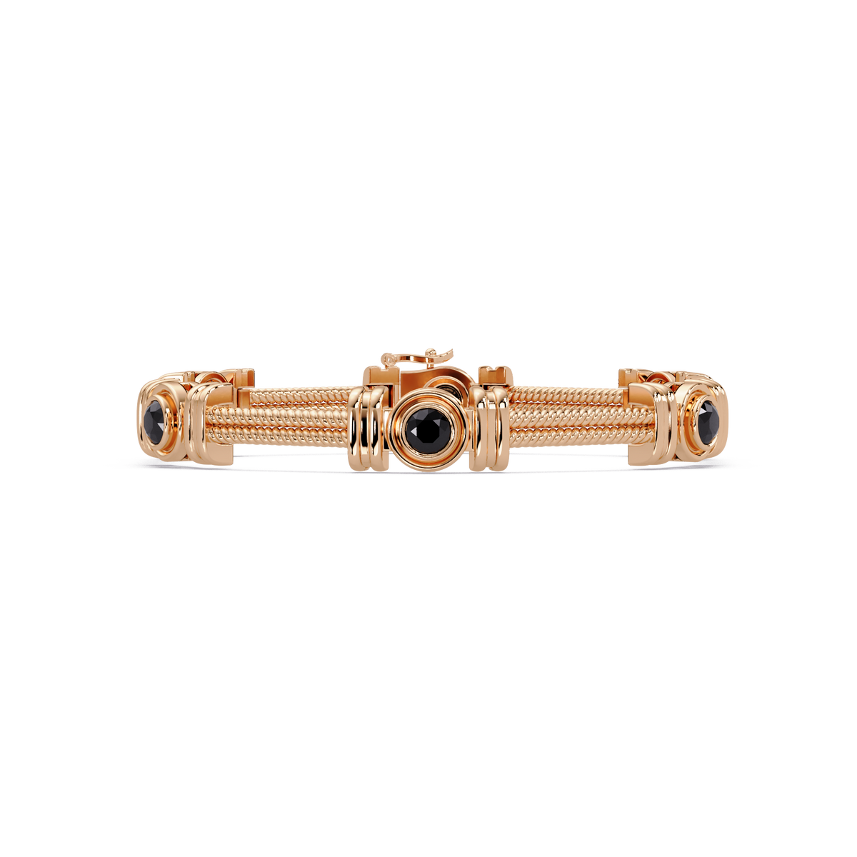 Six-stone round colorstone rope-link station bracelet in rose gold with onyx gemstones