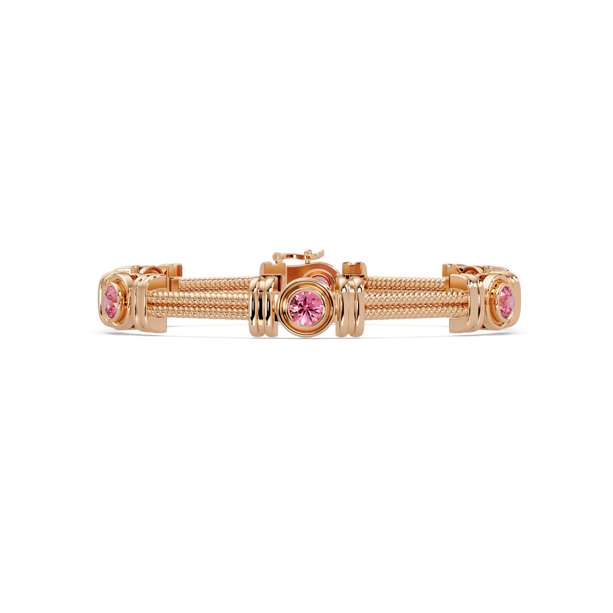 Six-stone round colorstone rope-link station bracelet in rose gold with pink gemstones