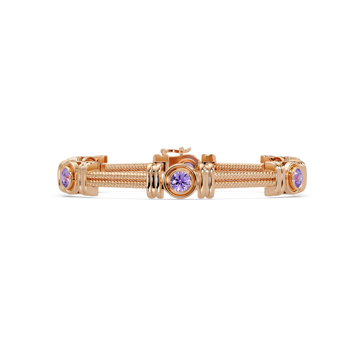 Six-stone round colorstone rope-link station bracelet in rose gold with purple gemstones