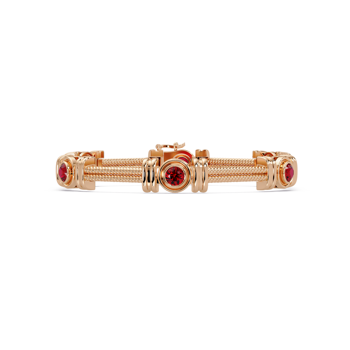 Six-stone round colorstone rope-link station bracelet in rose gold with red gemstones