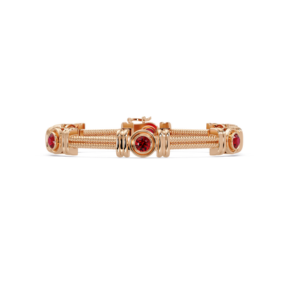 Six-stone round colorstone rope-link station bracelet in rose gold with red gemstones