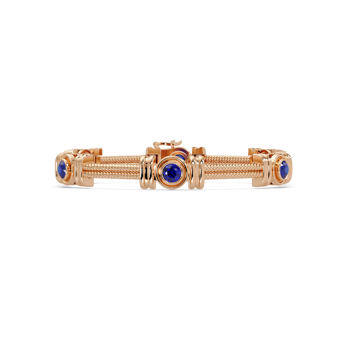Six-stone round colorstone rope-link station bracelet in rose gold with sapphire gemstones
