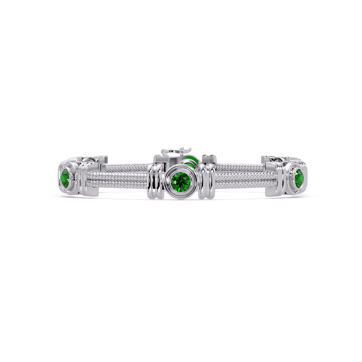 Six-stone round colorstone rope-link station bracelet in white gold with green gemstones