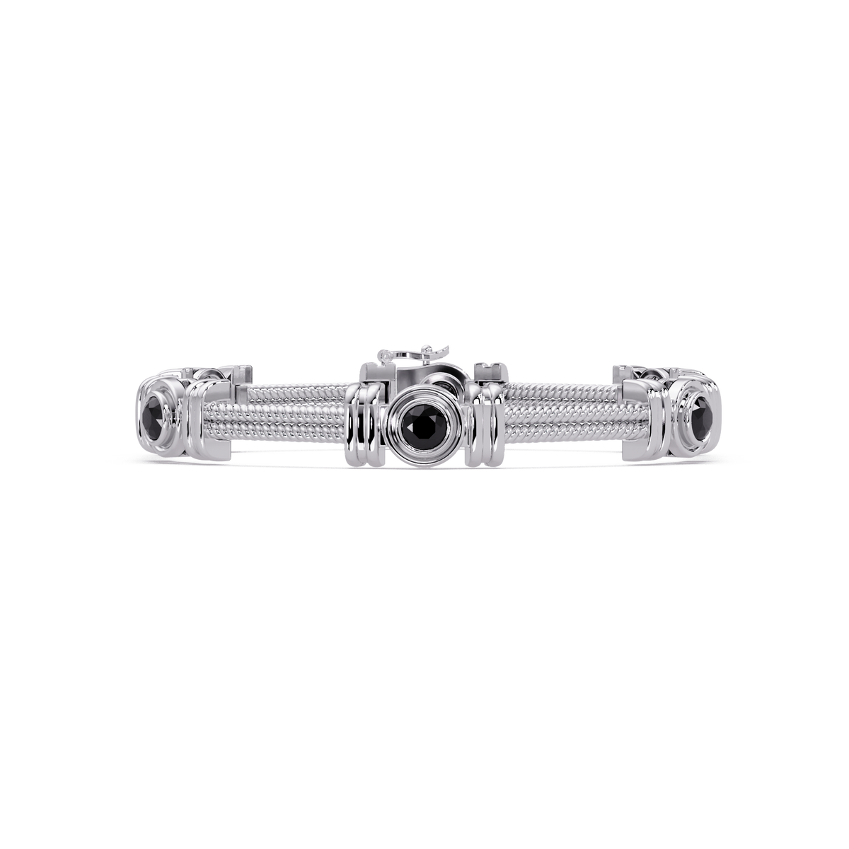Six-stone round colorstone rope-link station bracelet in white gold with onyx gemstones