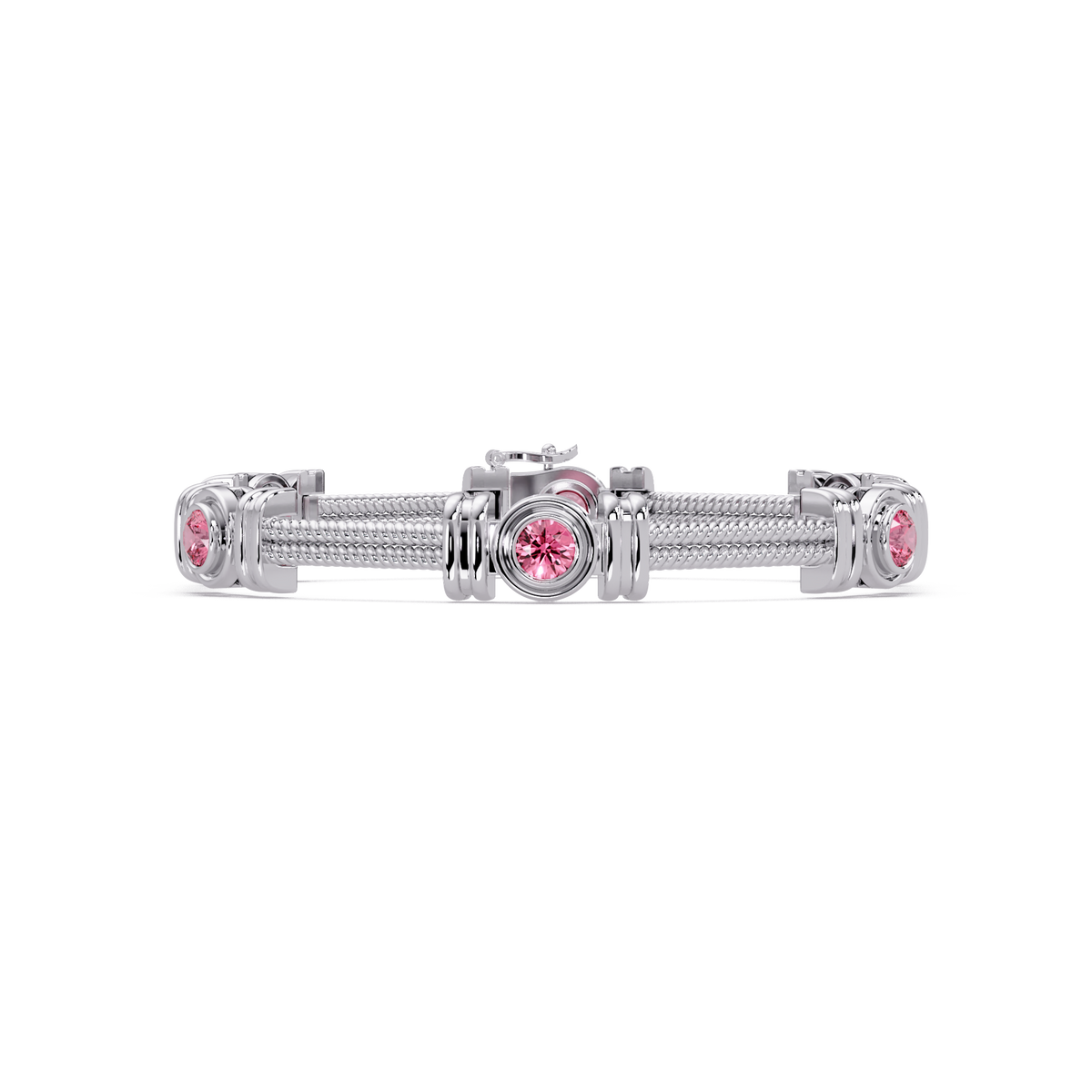 Six-stone round colorstone rope-link station bracelet in white gold with pink gemstones