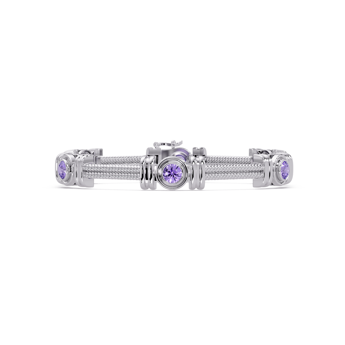 Six-stone round colorstone rope-link station bracelet in white gold with purple gemstones