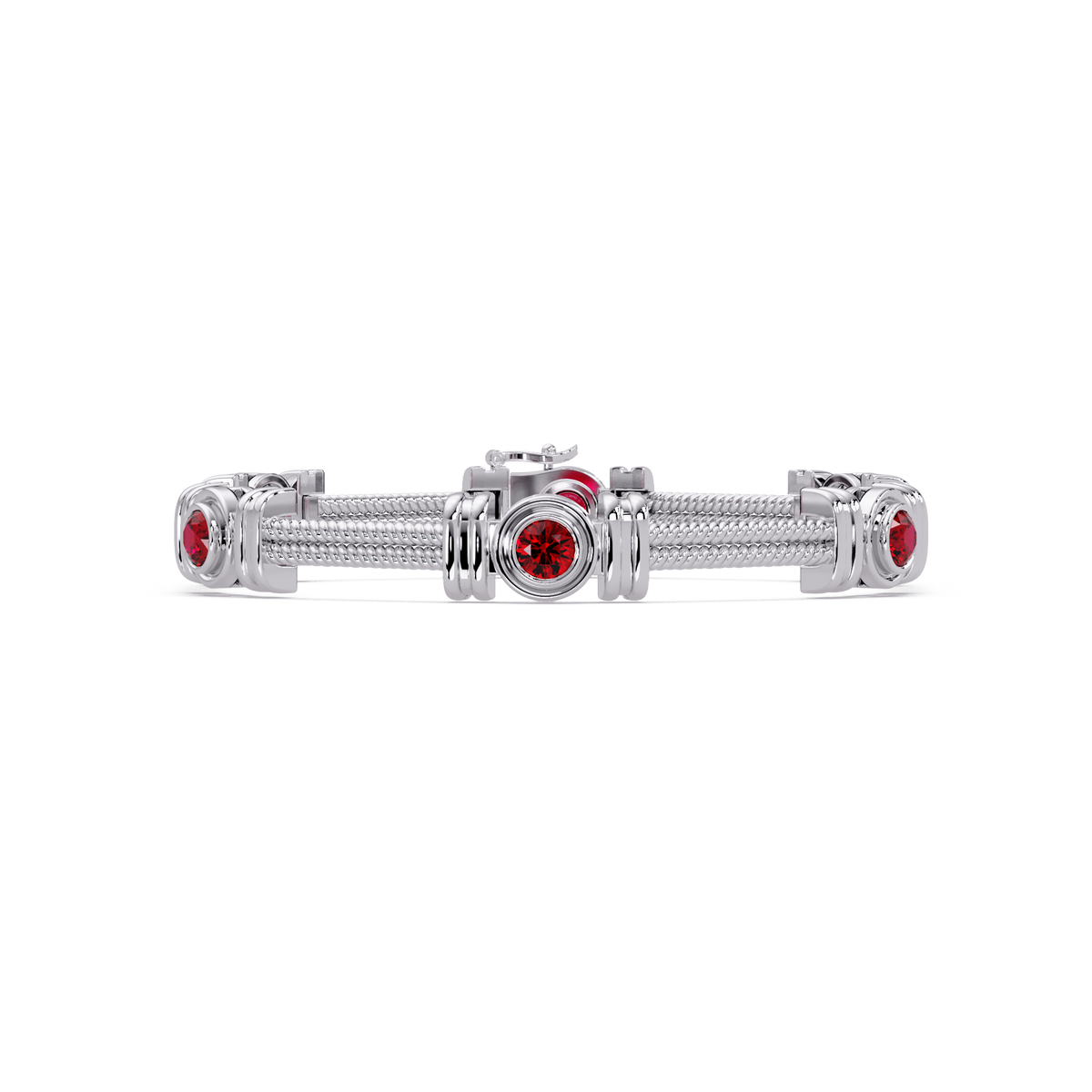 Six-stone round colorstone rope-link station bracelet in white gold with red gemstones