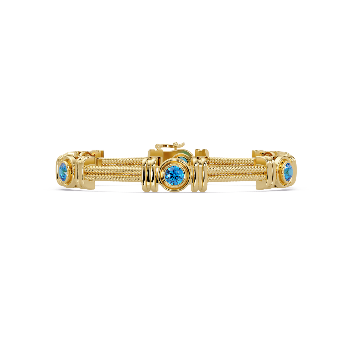 Six-stone round colorstone rope-link station bracelet in yellow gold with aquamarine gemstones