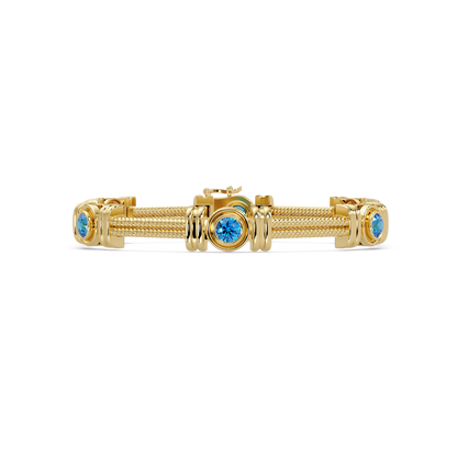 Six-stone round colorstone rope-link station bracelet in yellow gold with aquamarine gemstones