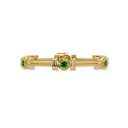 Six-stone round colorstone rope-link station bracelet in yellow gold with green gemstones