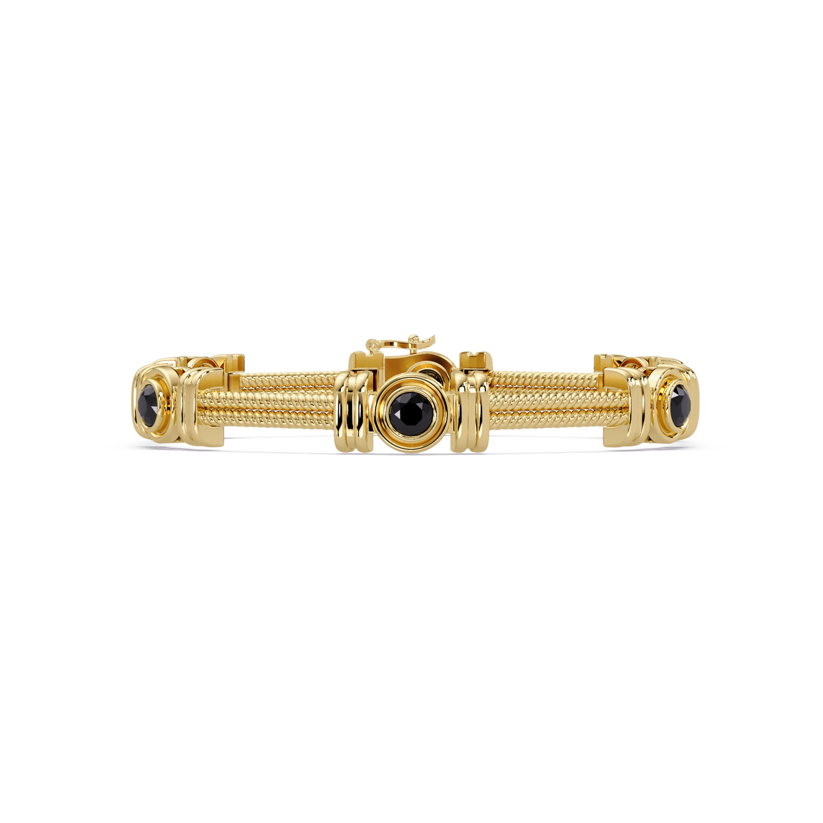 Six-stone round colorstone rope-link station bracelet in yellow gold with onyx gemstones