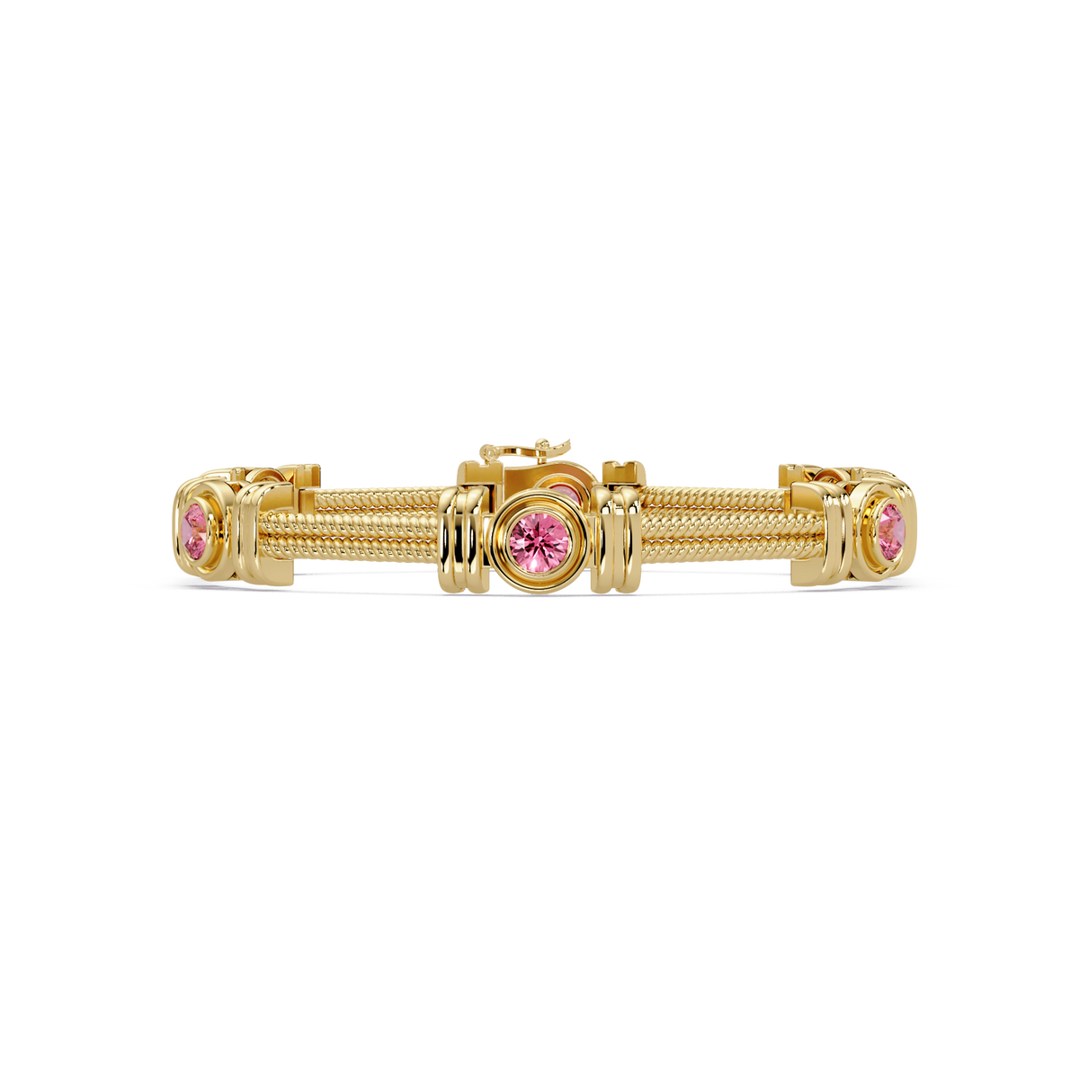 Six-stone round colorstone rope-link station bracelet in yellow gold with pink gemstones