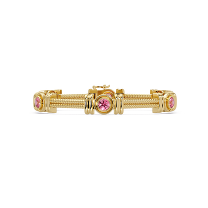 Six-stone round colorstone rope-link station bracelet in yellow gold with pink gemstones