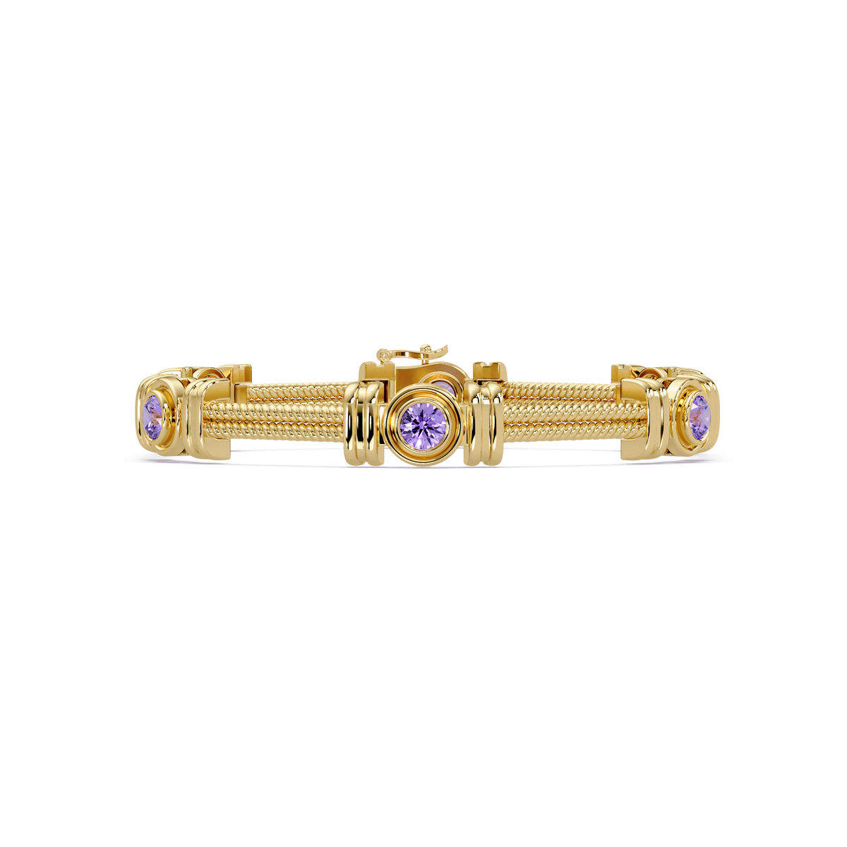 Six-stone round colorstone rope-link station bracelet in yellow gold with purple gemstones