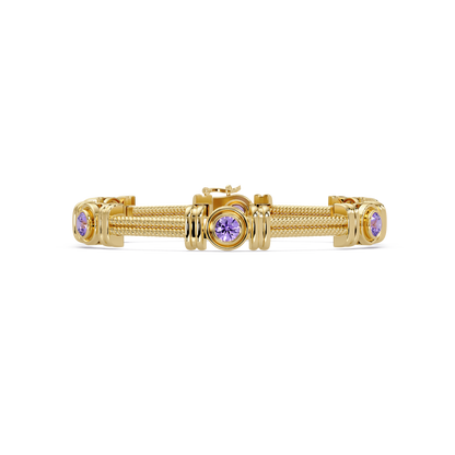 Six-stone round colorstone rope-link station bracelet in yellow gold with purple gemstones