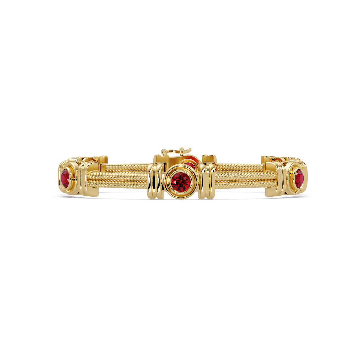 Six-stone round colorstone rope-link station bracelet in yellow gold with red gemstones