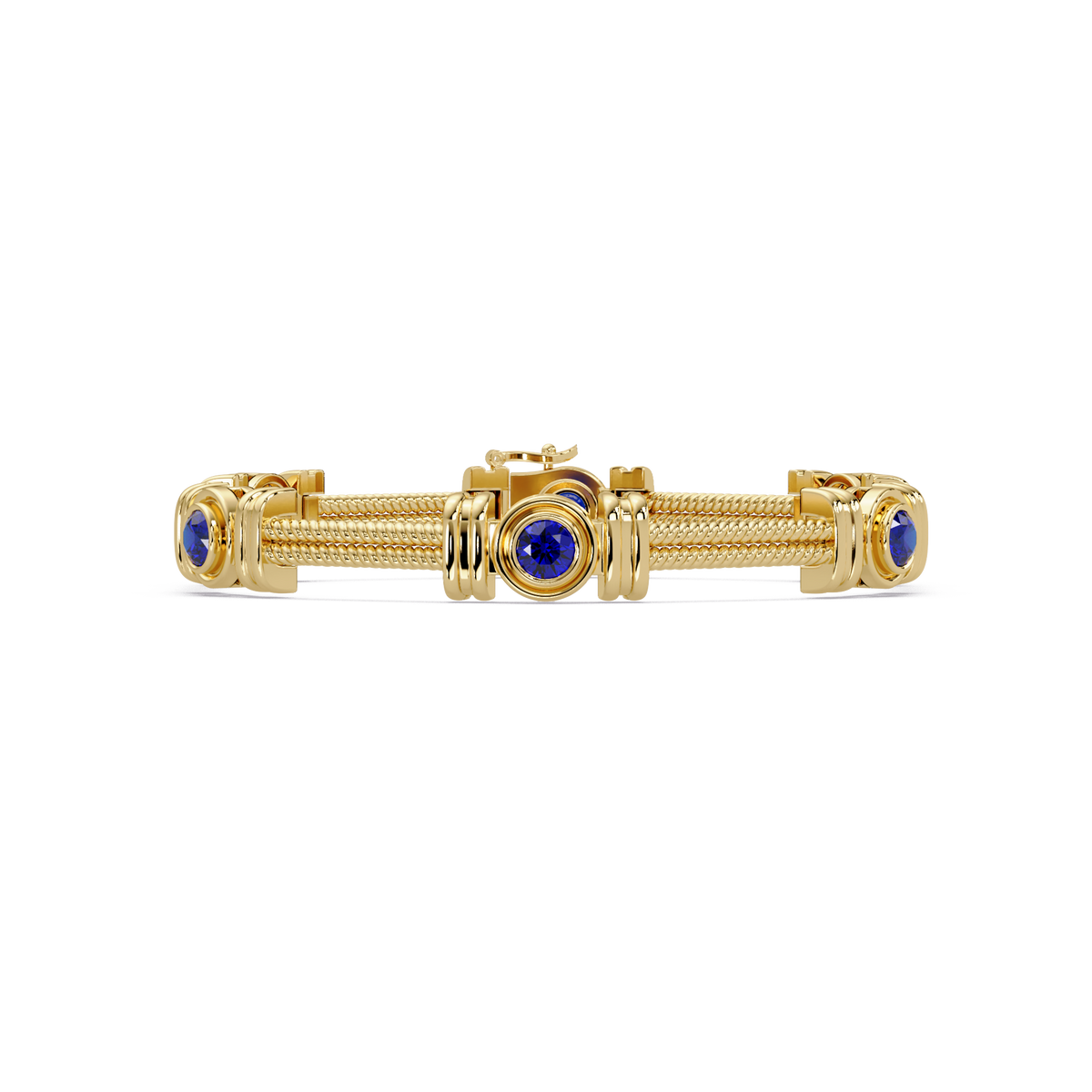 Six-stone round colorstone rope-link station bracelet in yellow gold with sapphire gemstones