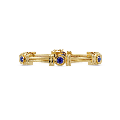 Six-stone round colorstone rope-link station bracelet in yellow gold with sapphire gemstones