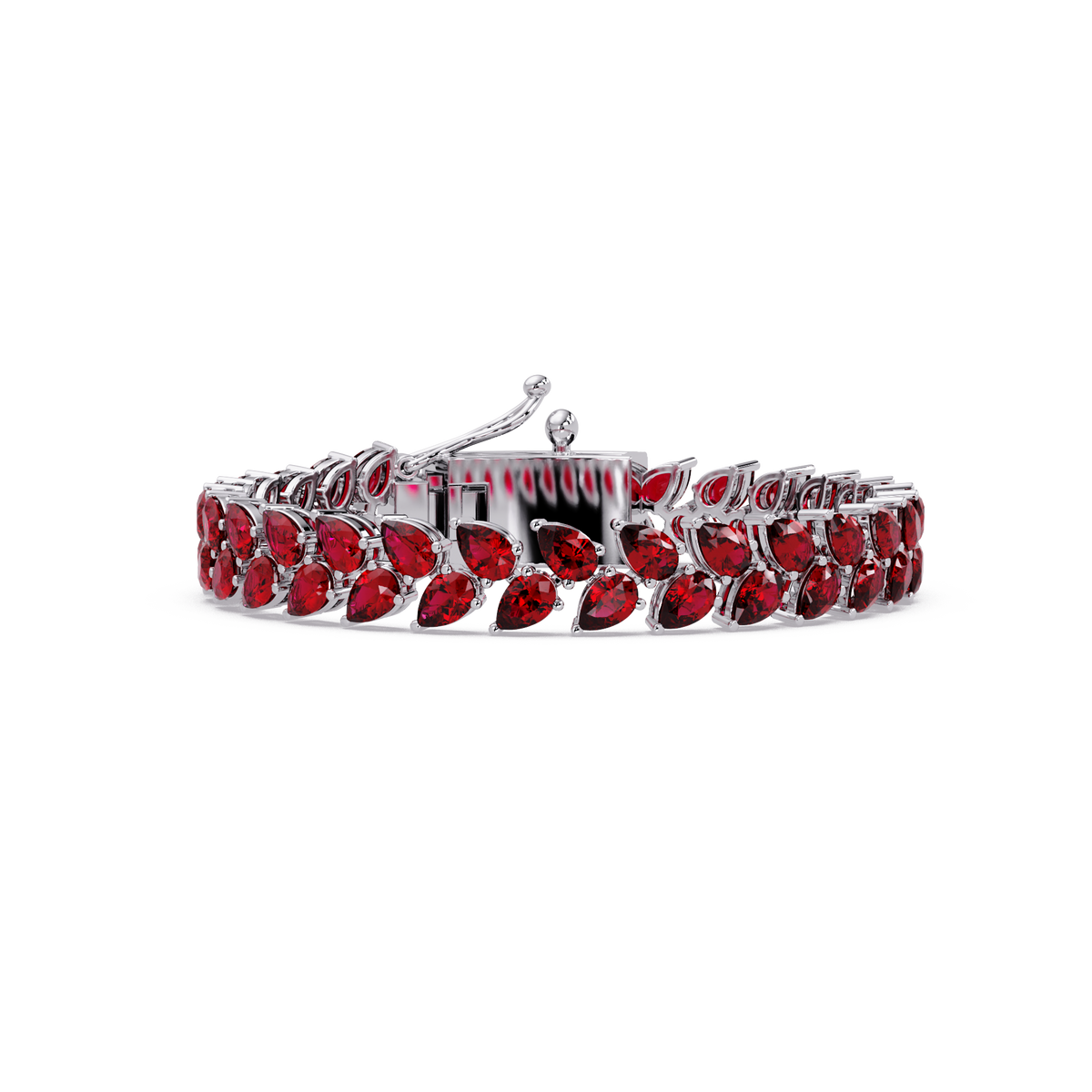 Pear-cut red colorstone tennis bracelet in white gold