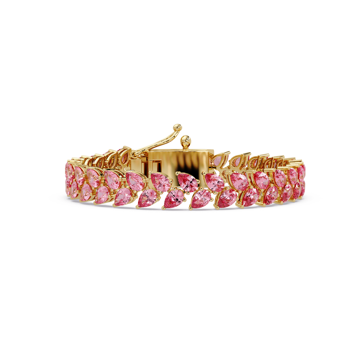 Pear-cut pink colorstone tennis bracelet in yellow gold