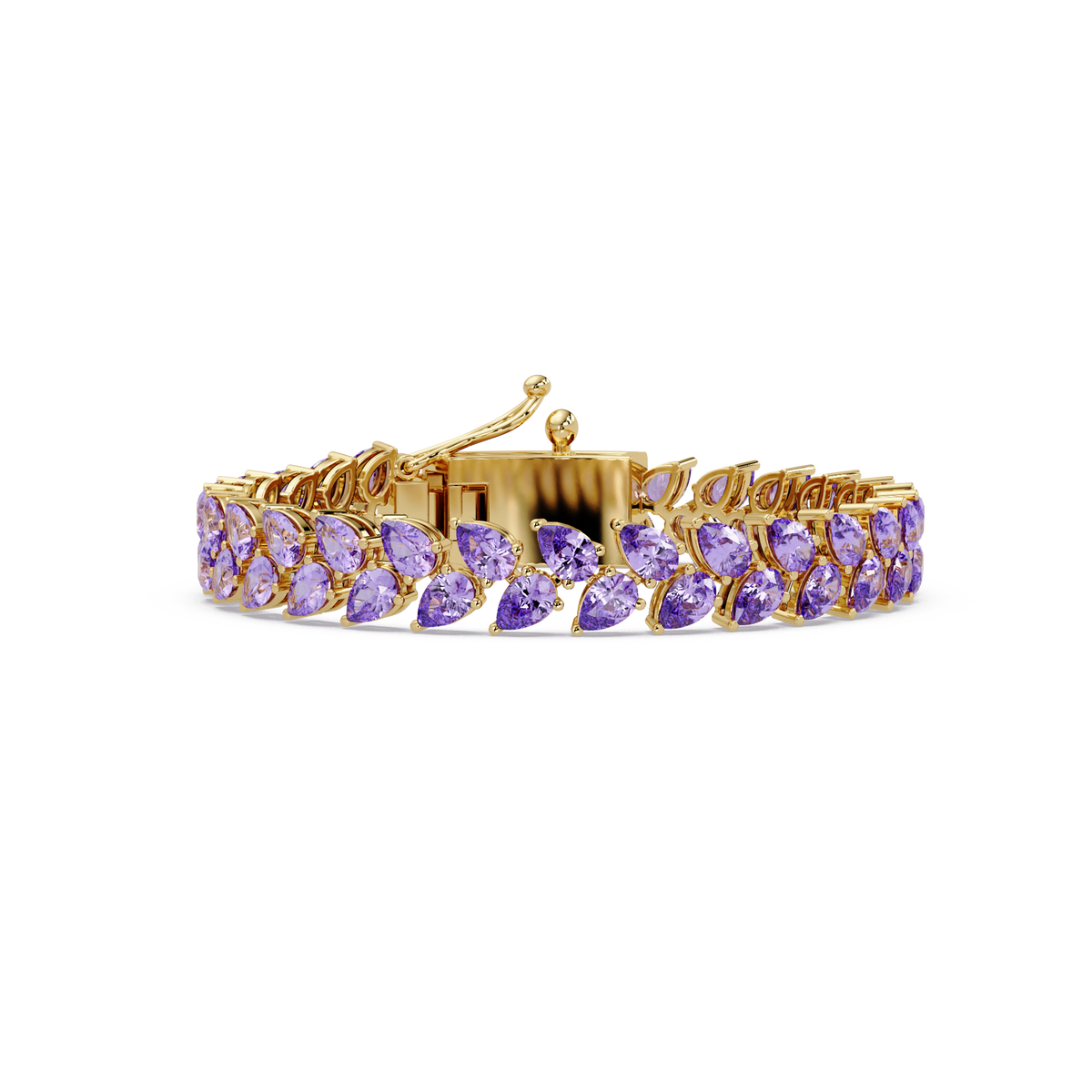 Pear-cut purple colorstone tennis bracelet in yellow gold