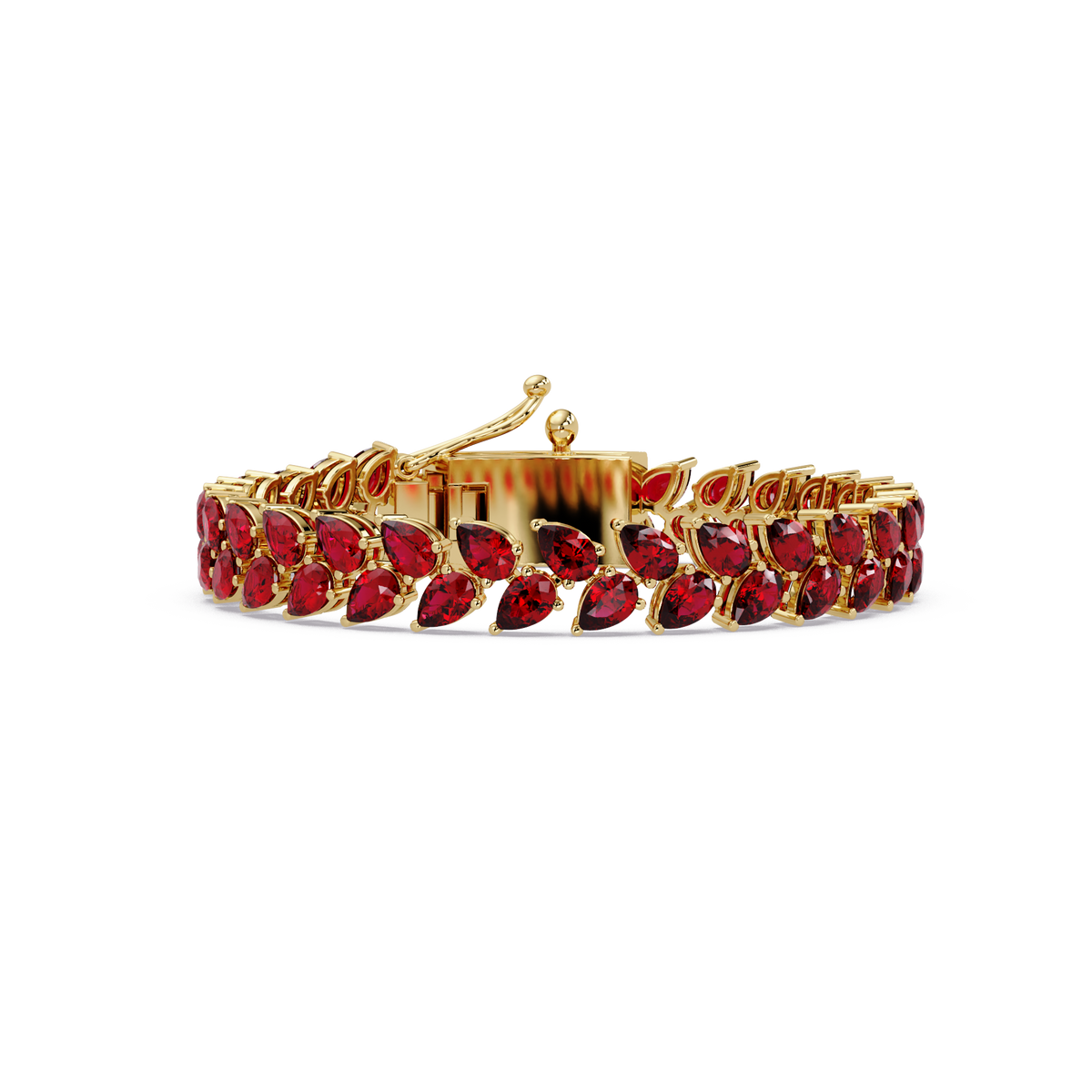 Pear-cut red colorstone tennis bracelet in yellow gold