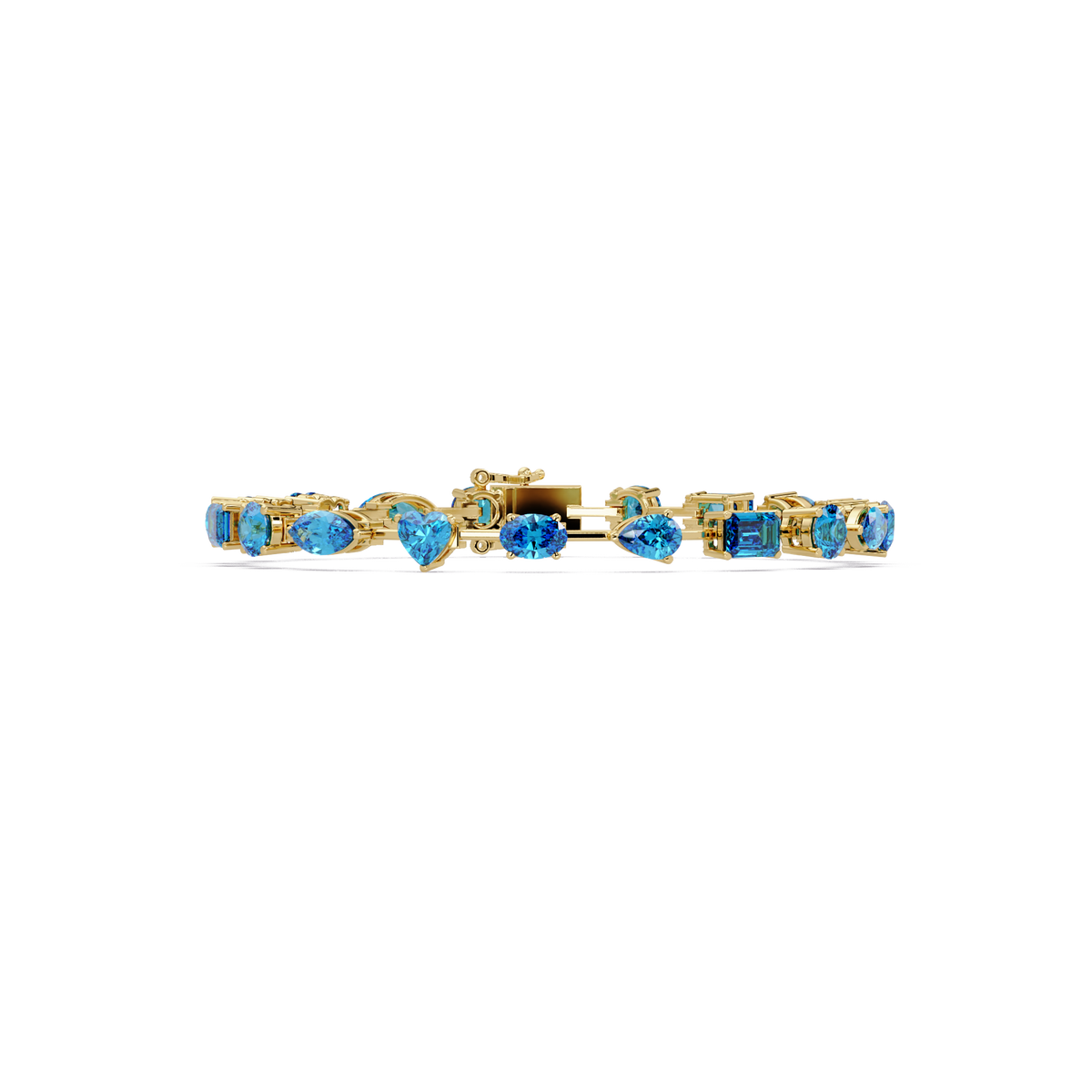 Mixed-shape aquamarine colorstone tennis bracelet in yellow gold