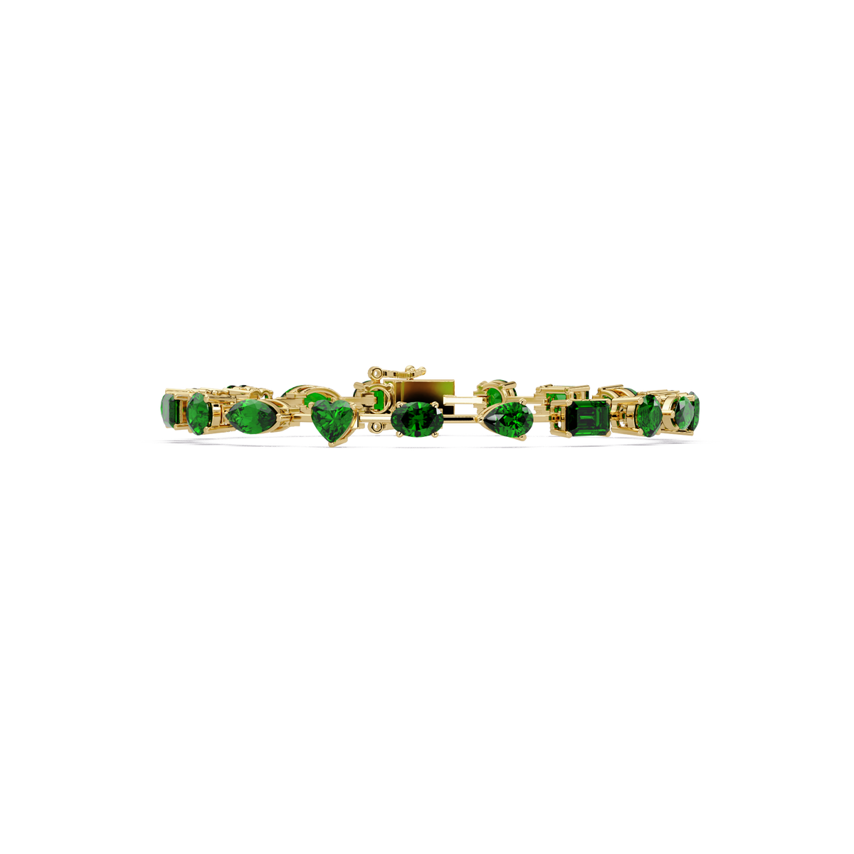 Mixed-shape green colorstone tennis bracelet in yellow gold